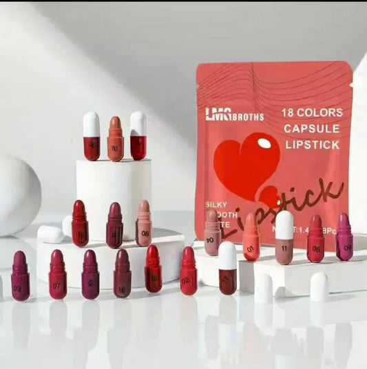 LMG BROTHS 18-Color Capsule Lipstick Set – Silky Smooth Matte Finish Mini Lipstick Pods (Travel Size & Portable)