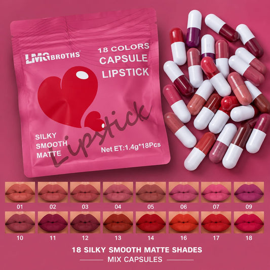 LMG BROTHS 18-Color Capsule Lipstick Set – Silky Smooth Matte Finish Mini Lipstick Pods (Travel Size & Portable)
